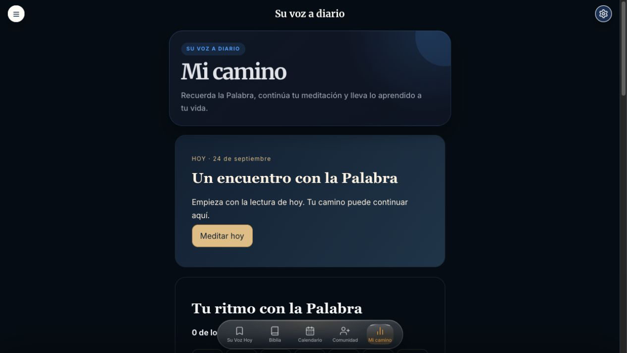 Pantalla de Mi camino en Su Voz a Diario que muestra el progreso y ritmo de lectura bíblica