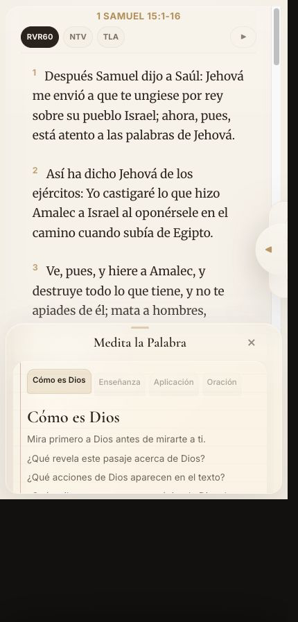 Pantalla real de profundización en Su Voz a Diario mostrando la pestaña Cómo es Dios